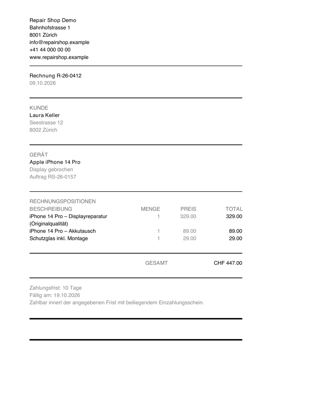 Dieselbe Rechnung aus PS Core (DE)