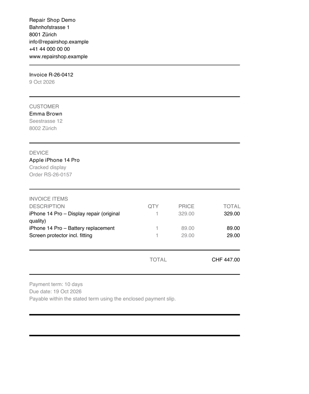 Dieselbe Rechnung aus PS Core (EN)