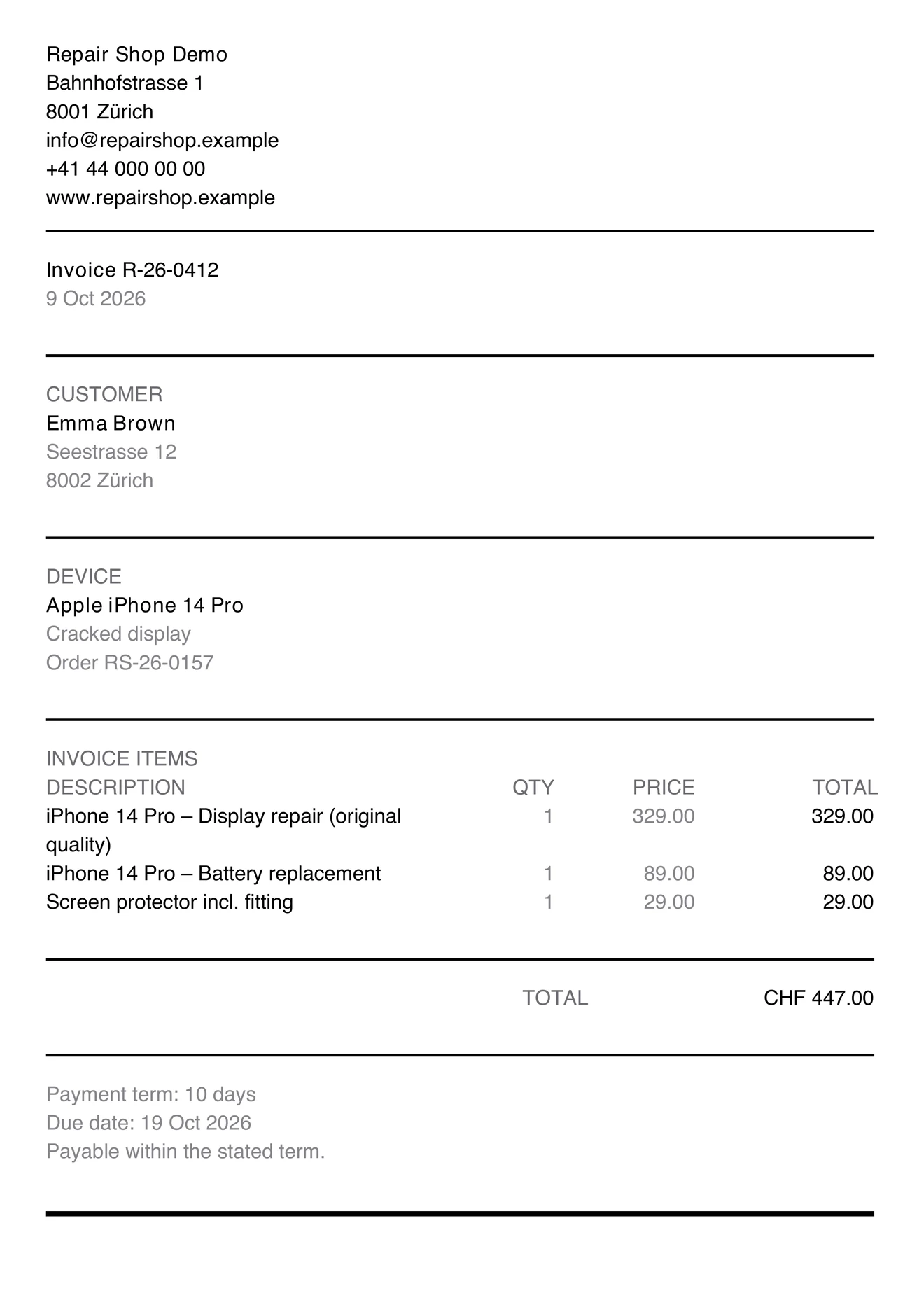 The same invoice from PS Core (EN)