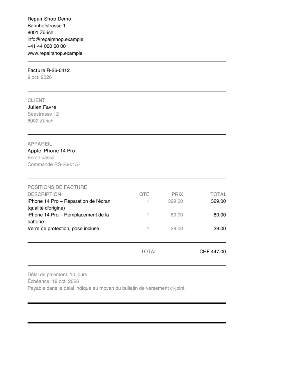 Dieselbe Rechnung aus PS Core (FR)