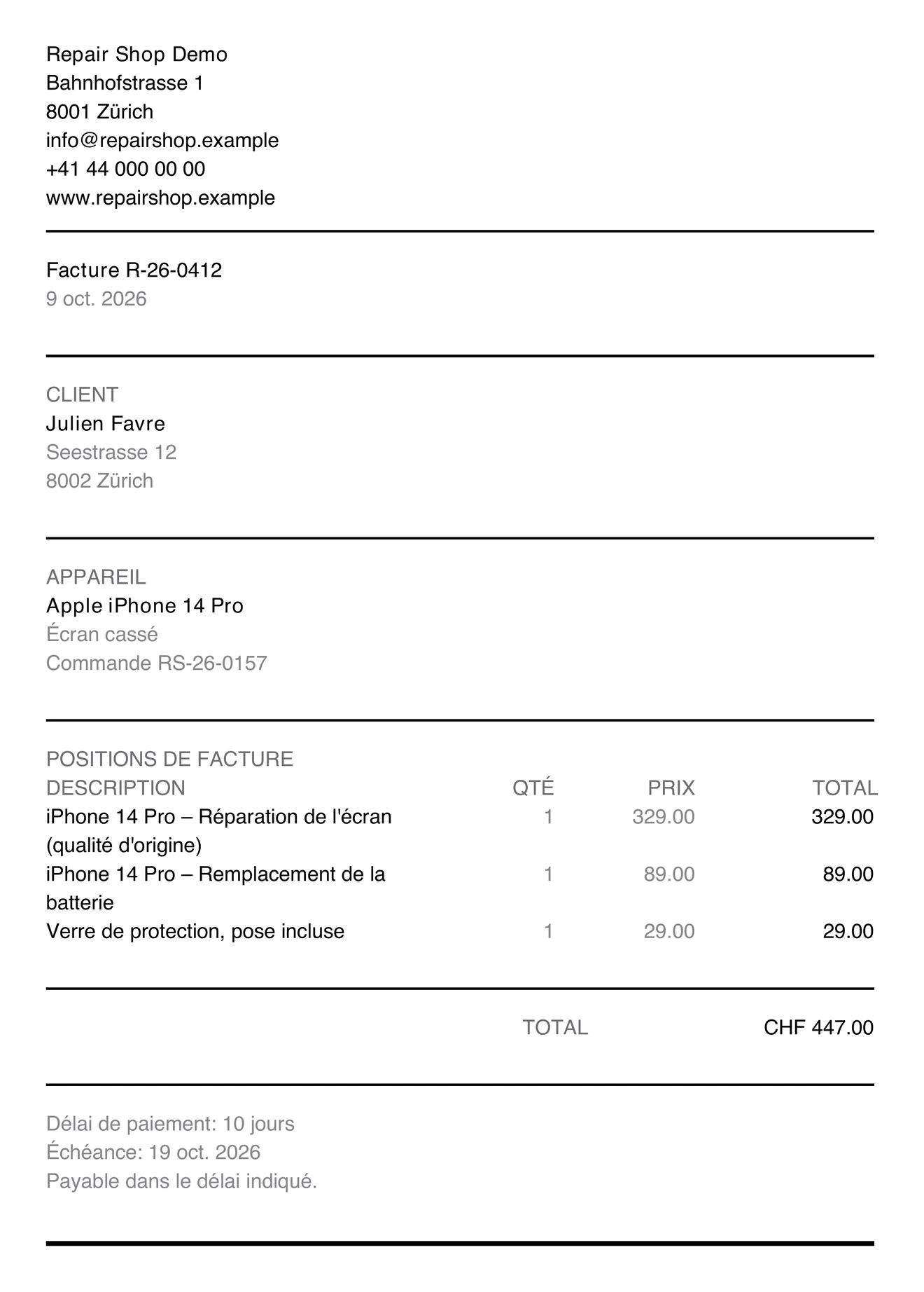 The same invoice from PS Core (FR)