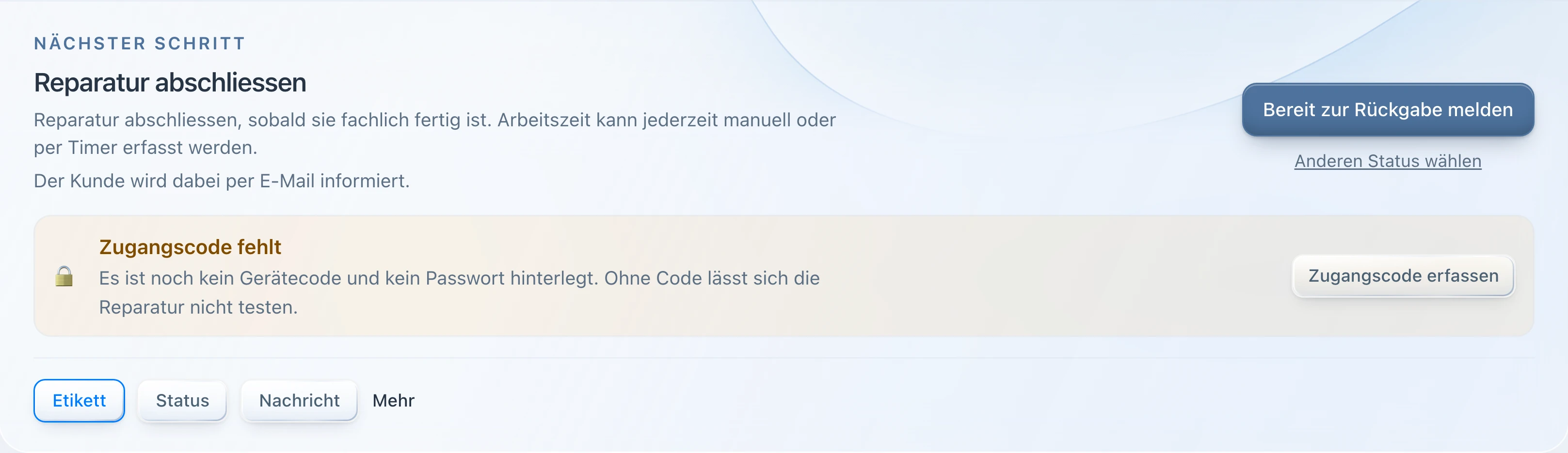 PS Core – Auftrag mit dem Bereich «Nächster Schritt» und Statusknopf