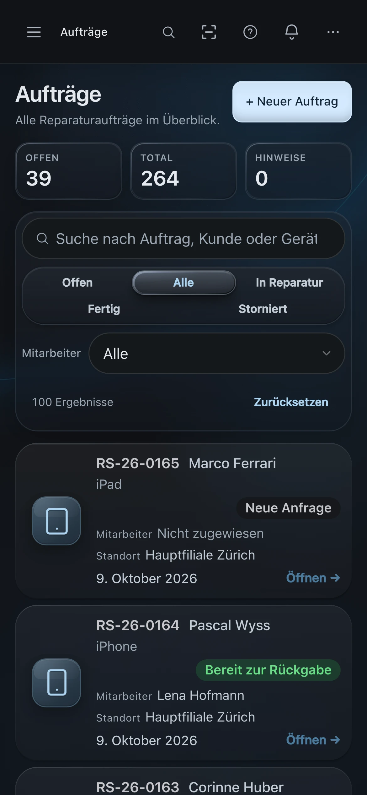 PS Core – Auftragsliste mit Status je Gerät