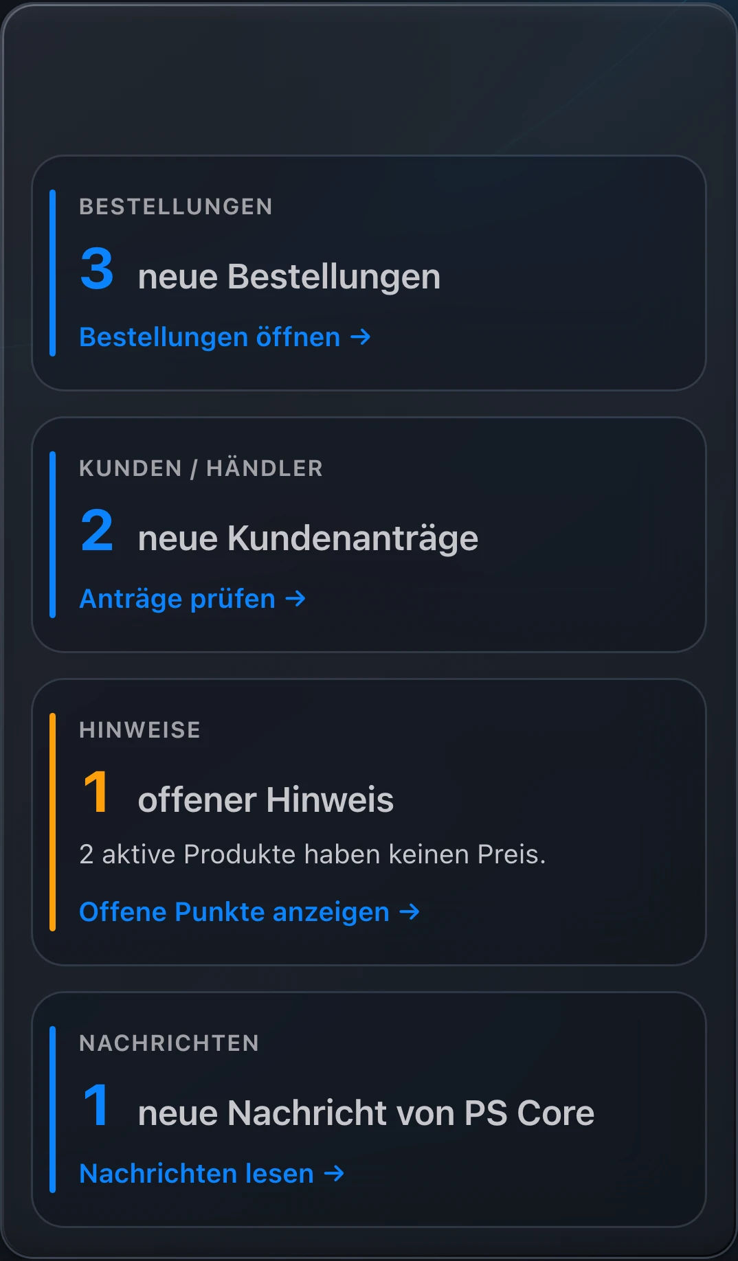 PS Core – Übersicht mit offenen Punkten