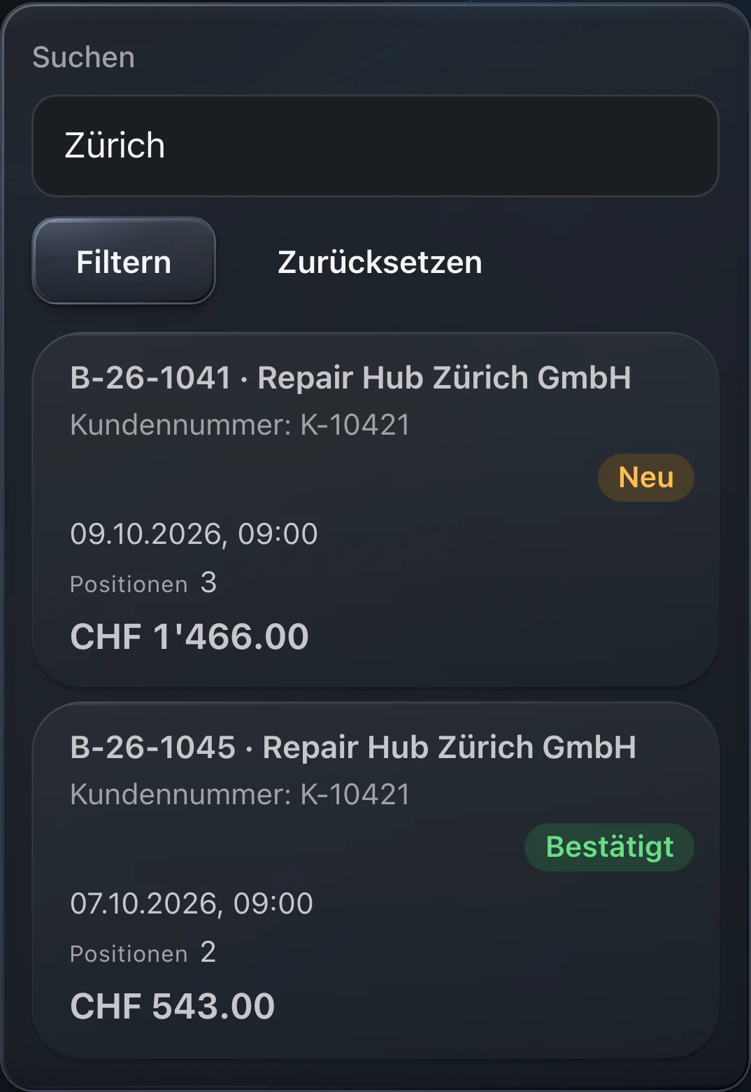 PS Core – Bestellungen