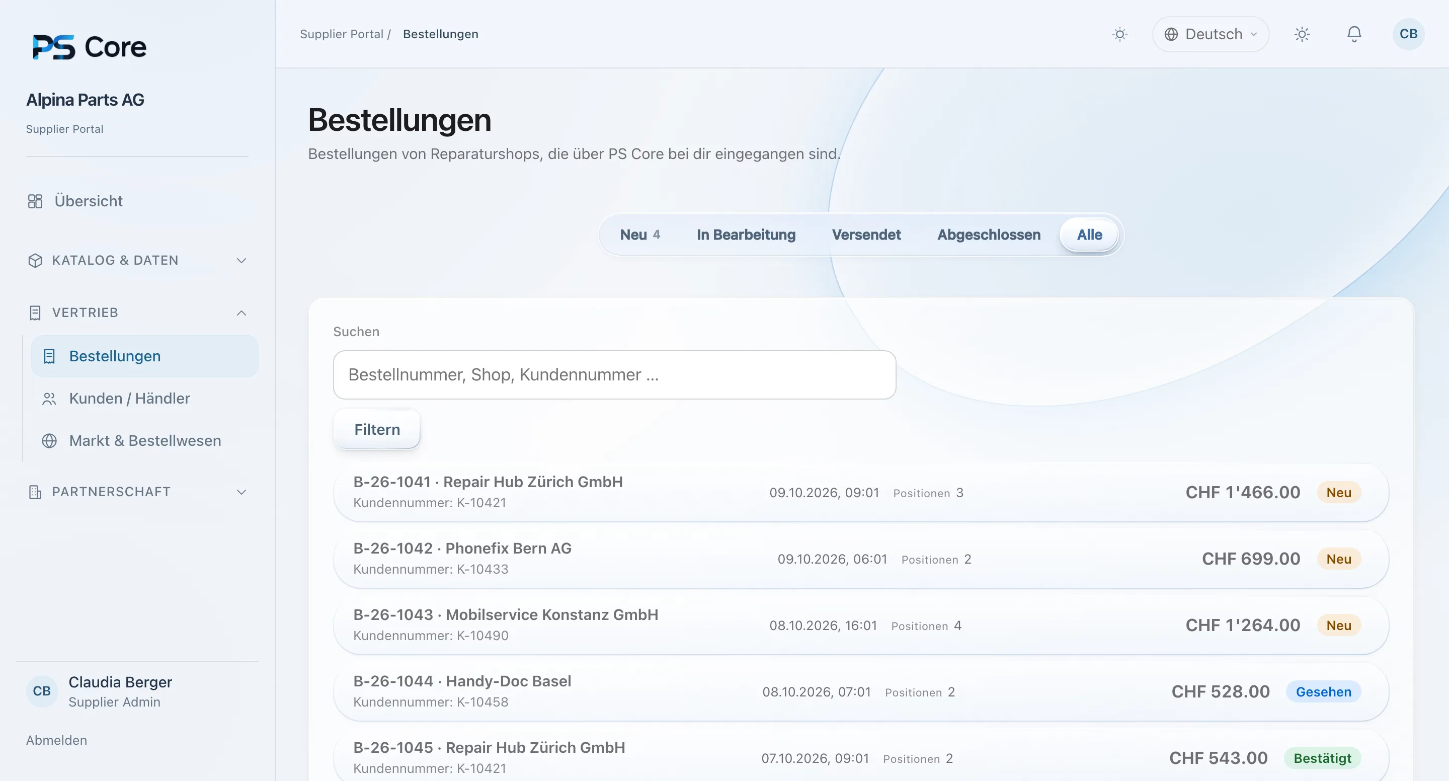 PS Core – Bestellungen