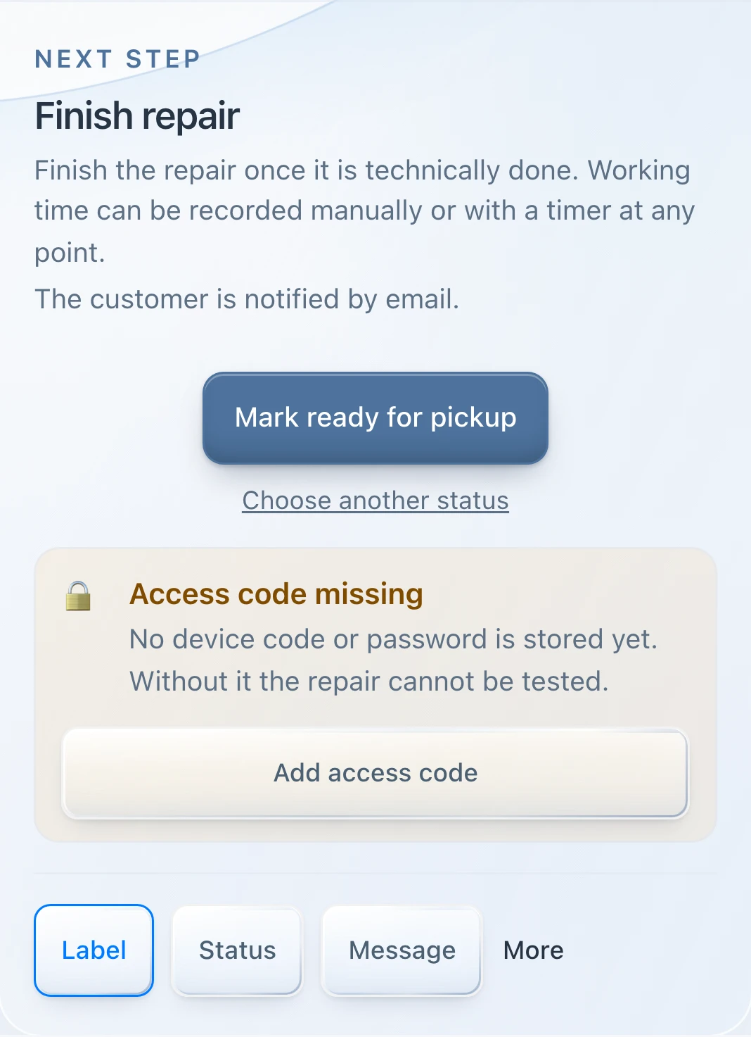 PS Core – Order with the next-step panel and status button