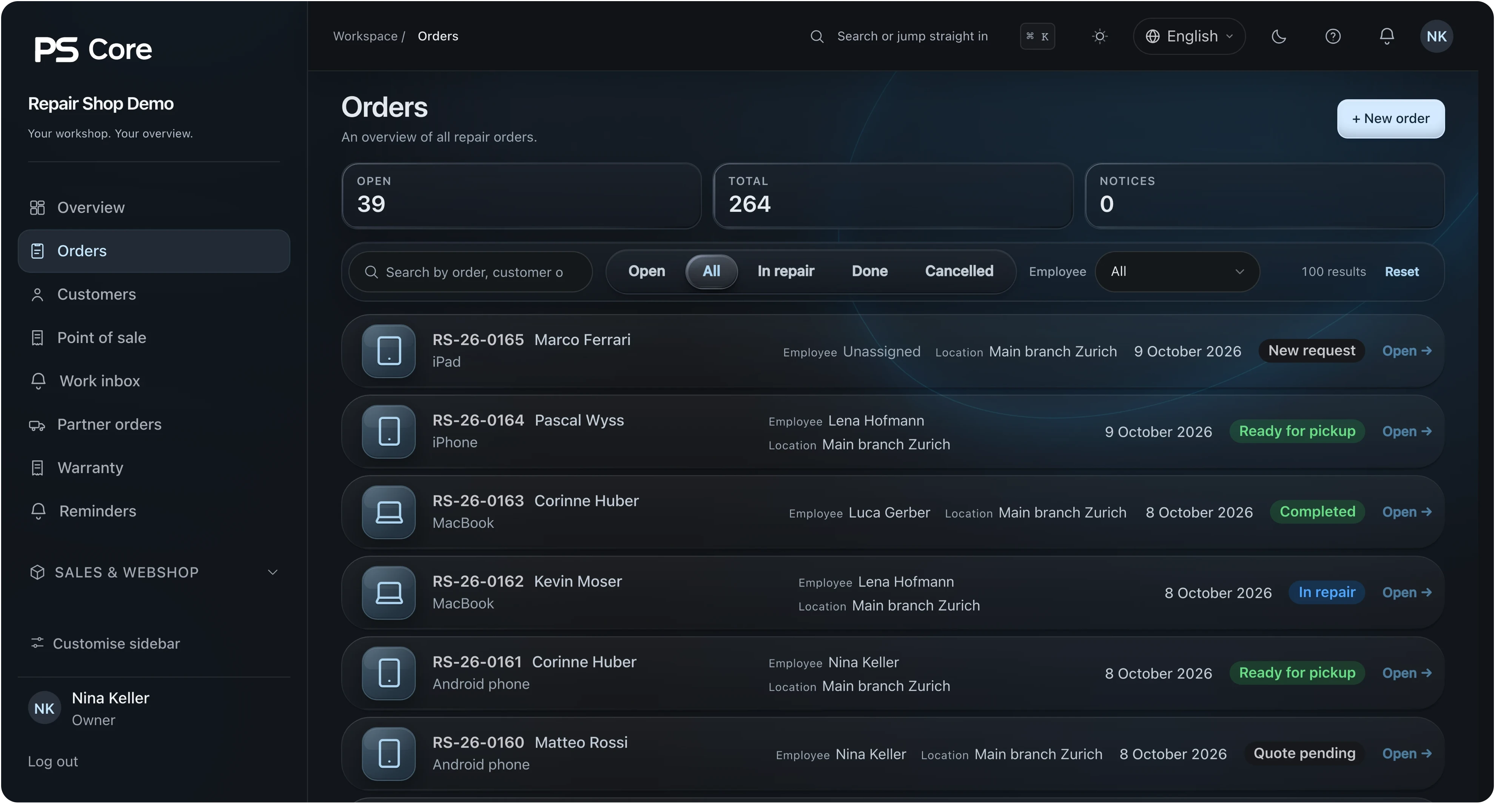 PS Core – Order list with status per device