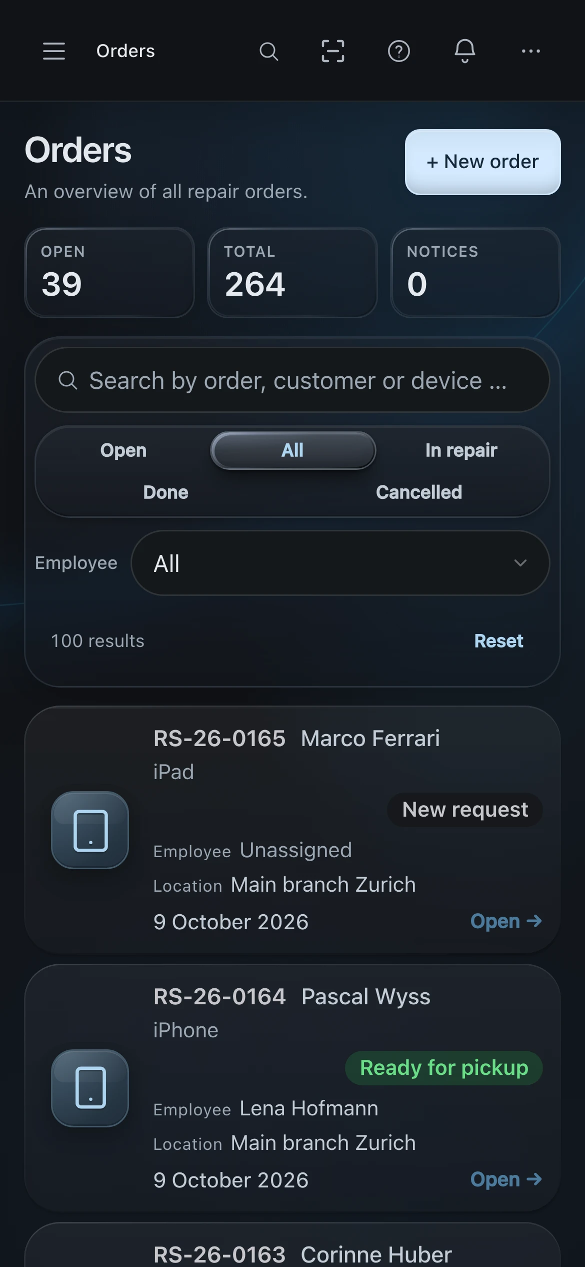 PS Core – Order list with status per device