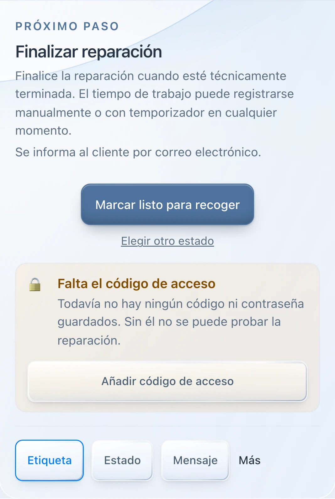 PS Core – Orden con el área «Siguiente paso» y el botón de estado