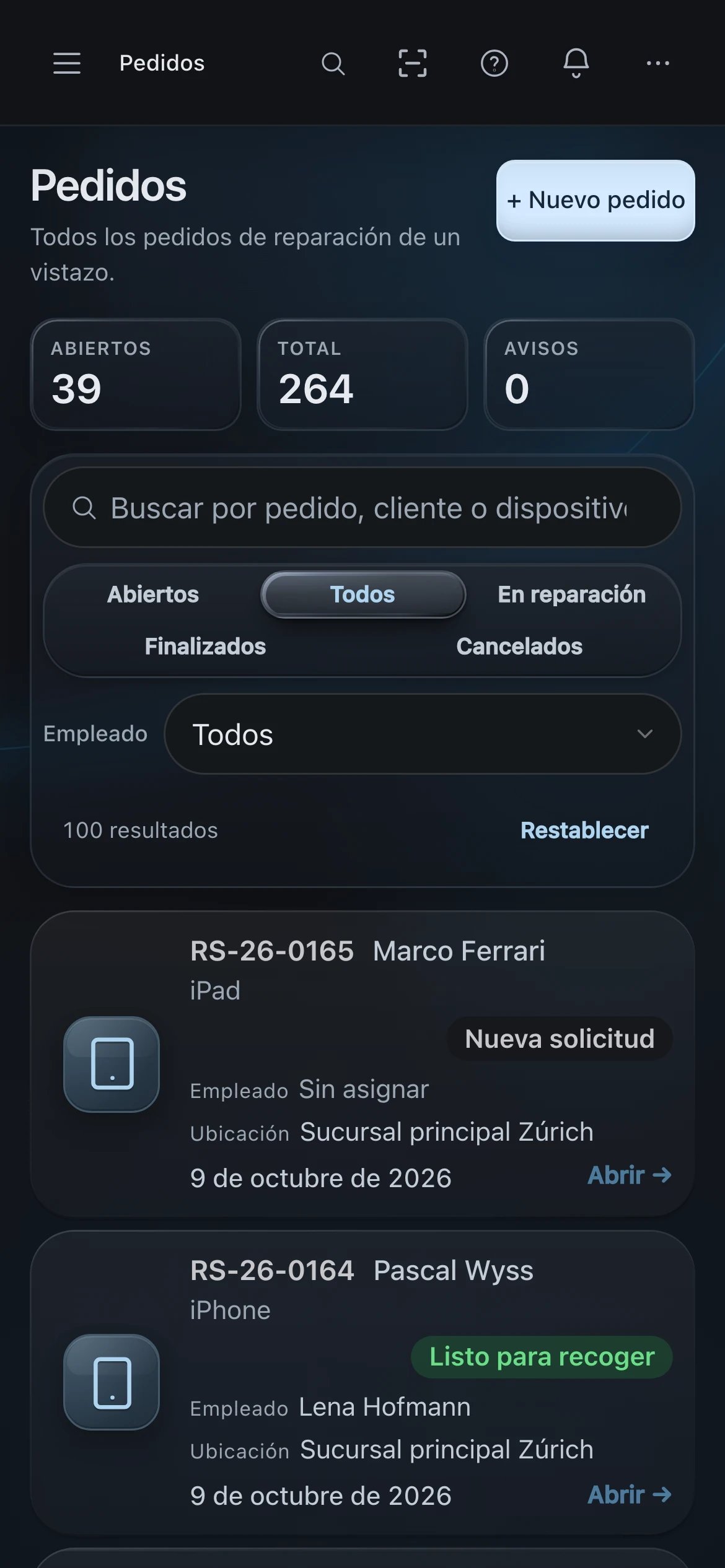 PS Core – Lista de órdenes con el estado de cada dispositivo