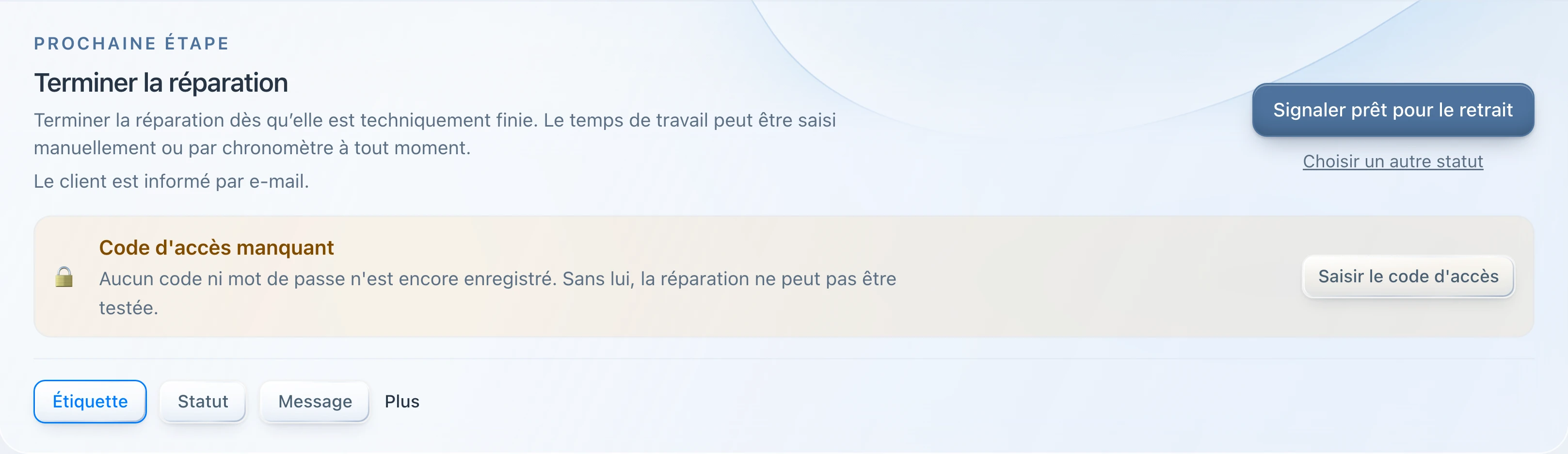 PS Core – Ordre avec la zone « Prochaine étape » et le bouton de statut