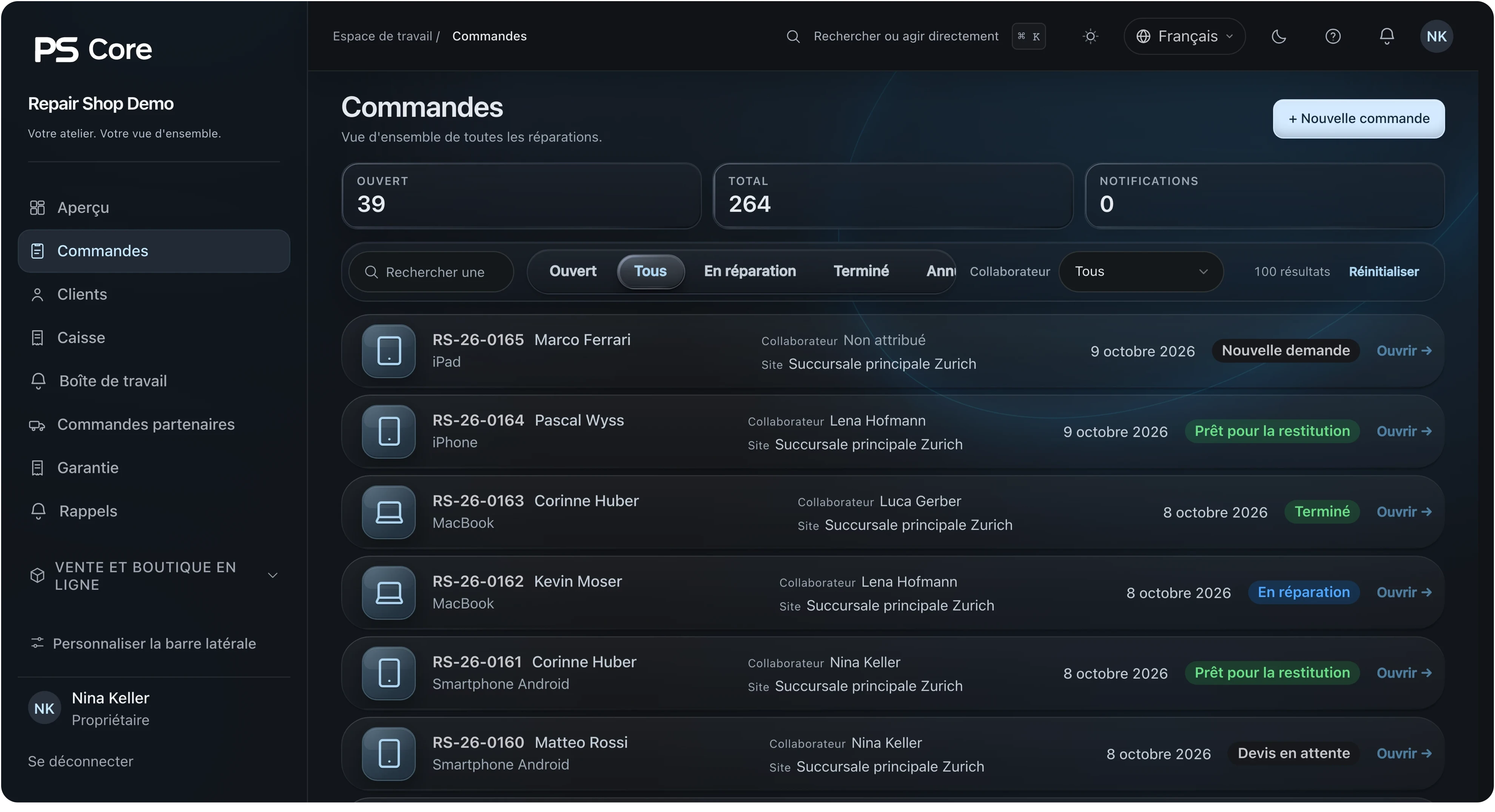 PS Core – Liste des ordres avec le statut de chaque appareil
