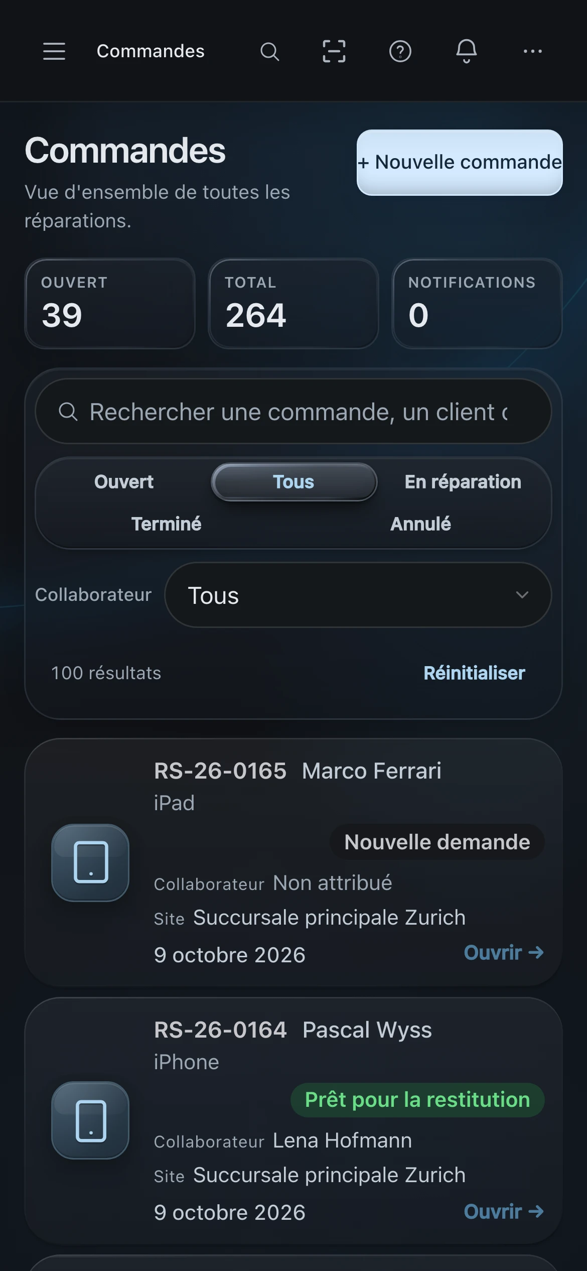 PS Core – Liste des ordres avec le statut de chaque appareil