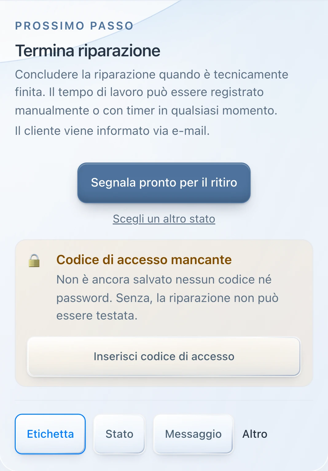 PS Core – Ordine con l’area «Prossimo passo» e il pulsante di stato
