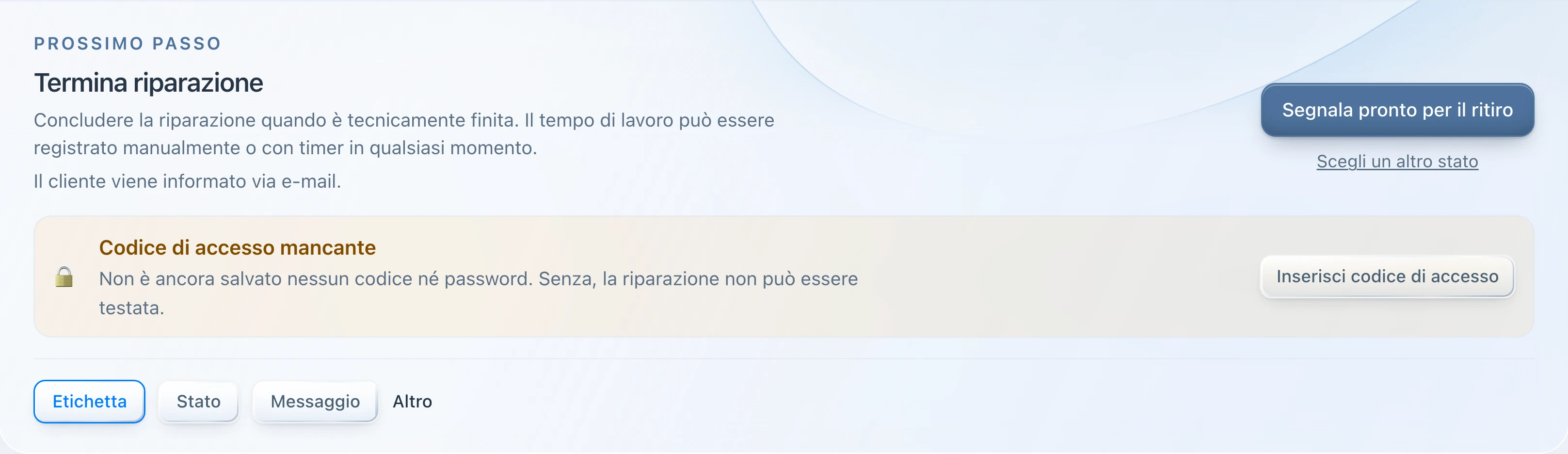 PS Core – Ordine con l’area «Prossimo passo» e il pulsante di stato