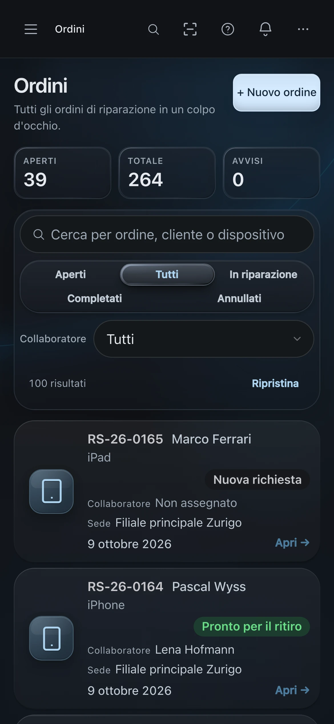 PS Core – Elenco ordini con lo stato di ogni dispositivo
